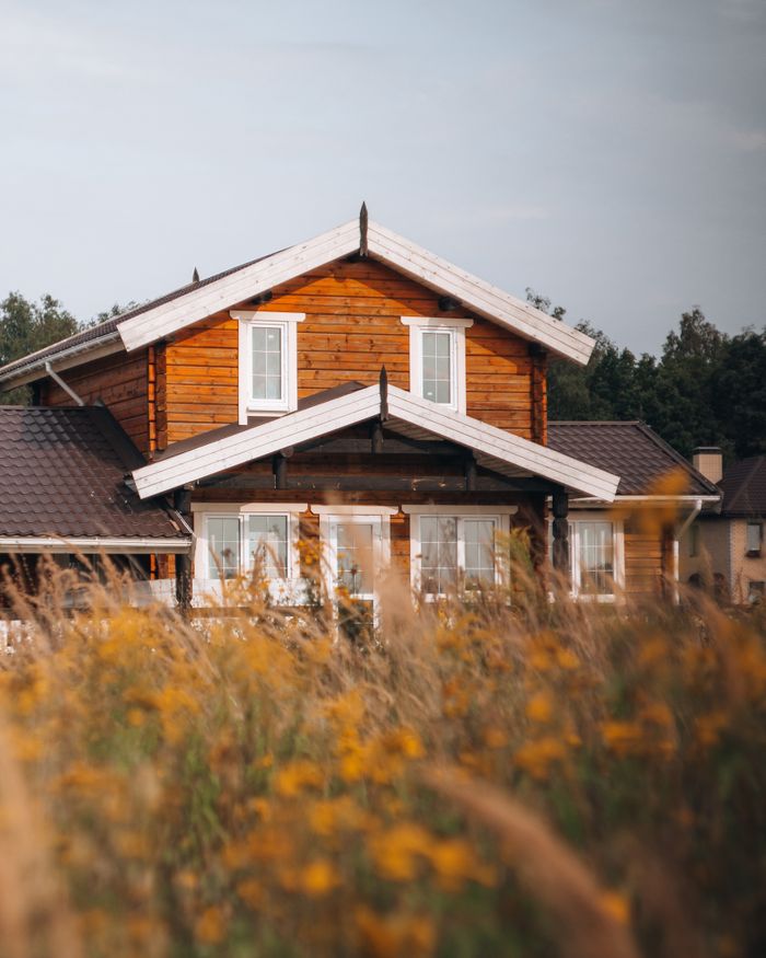 Charming wooden house amidst blooming wildflower field under clear skies.